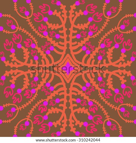 Circular   pattern of floral motif, branches, flowers, tulips, stars. Hand drawn.