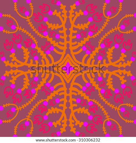Circular   pattern of floral motif, branches, flowers, tulips, stars. Hand drawn.