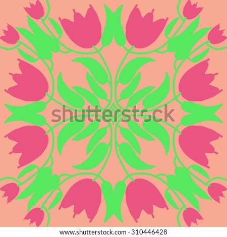 Circular   pattern of floral motif, branches, stars, leaves, flowers, tulips. Hand drawn.