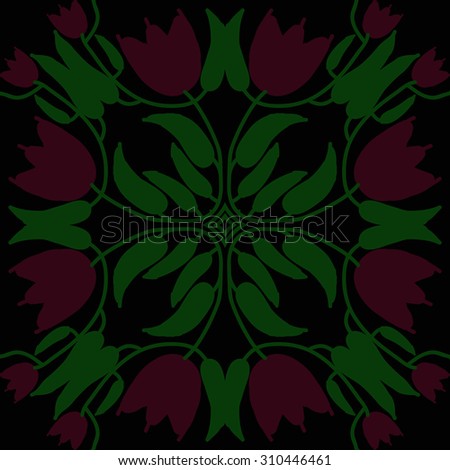 Circular   pattern of floral motif, branches, stars, leaves, flowers, tulips. Hand drawn.