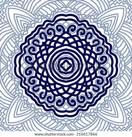 Circular oriental  pattern of delicate striped motif, spirals, waves,zigzag, stars, . Hand drawn.