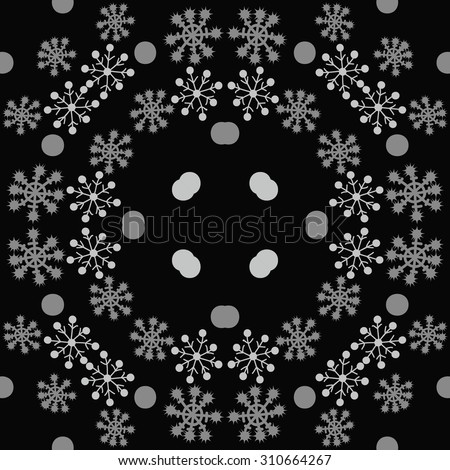 Circular  pattern of  winter motif, snowflakes, ellipses stars,doodles. Hand drawn.