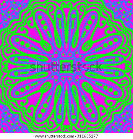 Circular oriental  pattern of floral motif, ellipses, spirals,waves. Hand drawn.