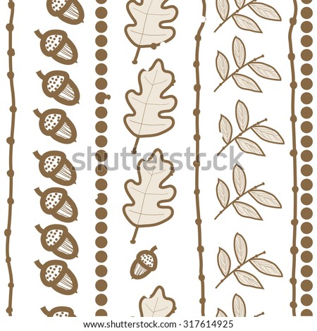 Seamless   pattern of  vertical floral motif, ellipses, leaves, oak, autumn theme, doodles. Hand drawn.