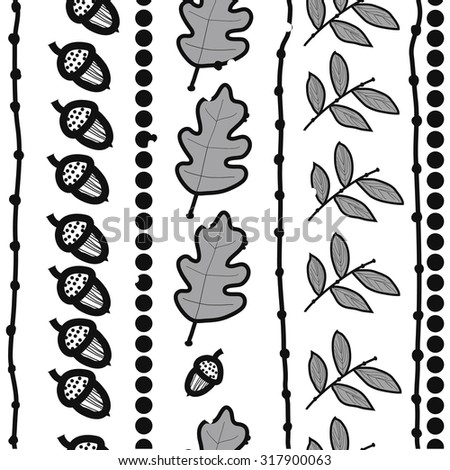 Seamless   pattern of  vertical floral motif, ellipses, leaves, oak, autumn theme, doodles. Hand drawn.
