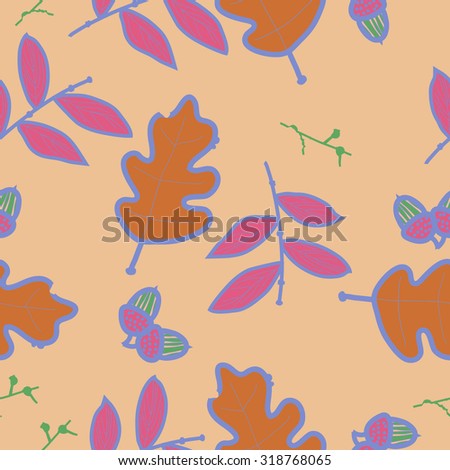 Seamless   pattern of   floral motif,  acorn, branches, ellipses,leaves, autumn theme, doodles. Hand drawn.