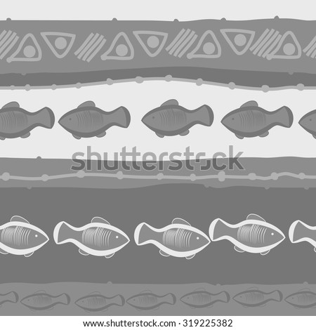 Seamless   pattern of striped motif, ellipses, stripes, doodles, fishes. Hand drawn.