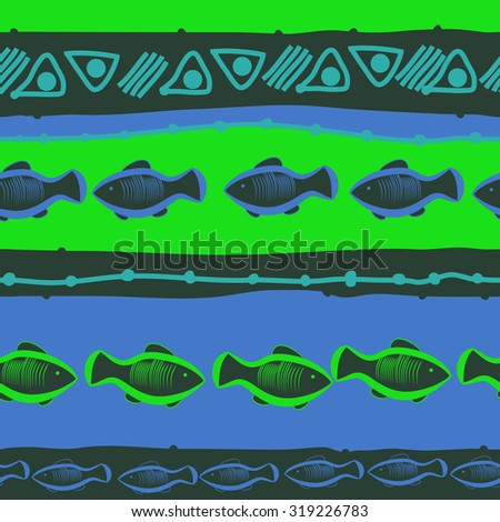 Seamless   pattern of striped motif, ellipses, stripes, doodles, fishes. Hand drawn.