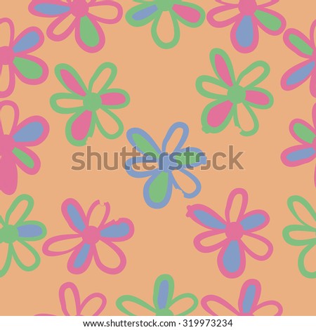 Seamless   pattern of floral motif, ellipses, stripes,flowers, doodles. Hand drawn.