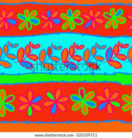 Seamless   pattern of  striped motif,   branches, leaves, ellipses, flowers,stripes, doodles. Hand drawn.