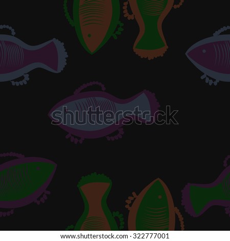 Seamless   pattern with fishes motif, spots,fish, ellipses. Hand drawn.