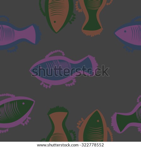 Seamless   pattern with fishes motif, spots,fish, ellipses. Hand drawn.