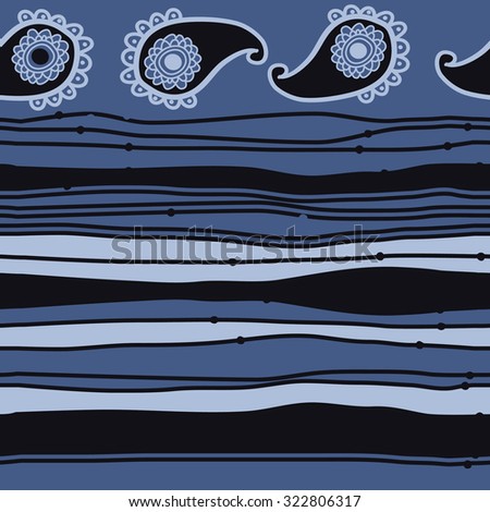 Seamless   pattern  with oriental  motif and stripes, ellipses, waves, spots. Hand drawn.