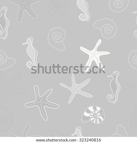 Seamless   pattern  of  marine inhabitants, sea Horses,spirals, hole,shells, stars, spots. Hand drawn.