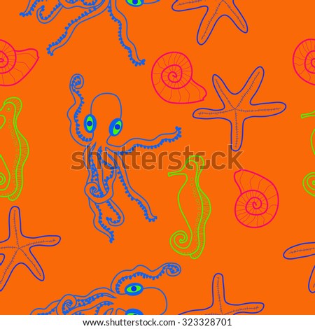 Seamless   pattern  of  marine inhabitants, octopuses, sea horses, stars, shells. Hand drawn.