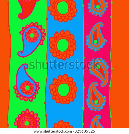 Seamless   pattern  of oriental  motif and stripes,spots, ellipses, waves. Hand drawn.