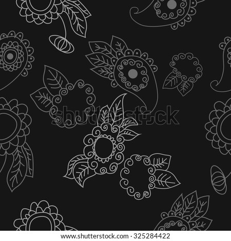 Seamless   pattern  of oriental  and floral motif, ellipses, waves, leaves, spirals, buds. Hand drawn, delicate.