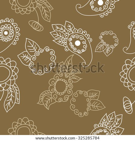 Seamless   pattern  of oriental  and floral motif, ellipses, waves, leaves, spirals, buds. Hand drawn, delicate.