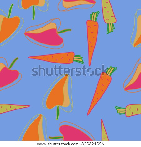 Seamless    pattern  of Bell peppers, carrots,  spots, hole. Hand drawn.