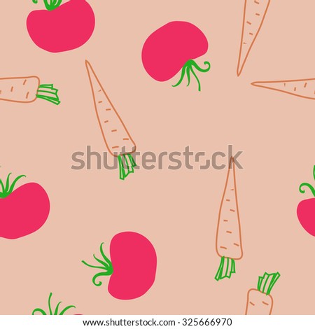 Seamless    pattern  of tomatoes, carrots,  spots, leaves . Hand drawn.