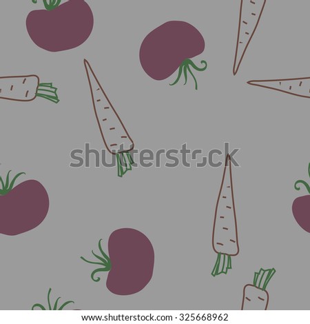 Seamless    pattern  of tomatoes, carrots,  spots, leaves . Hand drawn.