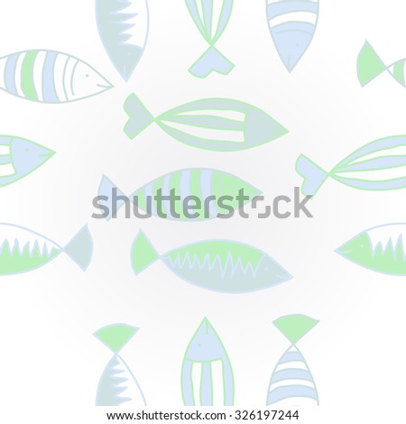 Seamless   pattern with fishes motif, spots,fish, ellipses, zigzag. Hand drawn.
