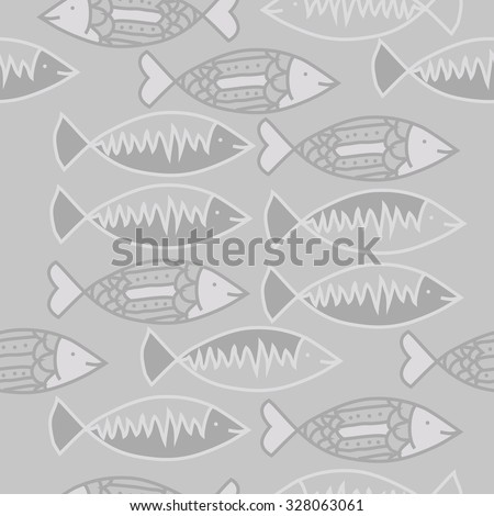 Seamless   pattern with fishes   motif, spots,fish, ellipses, zigzag . Hand drawn.