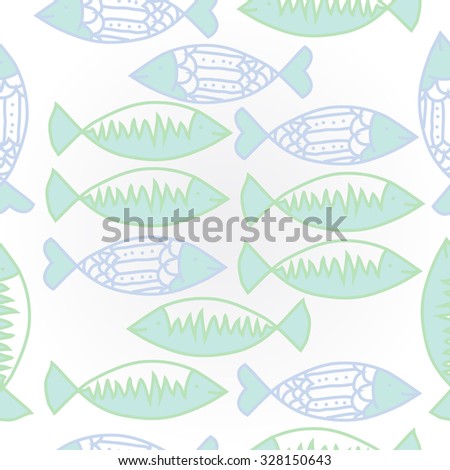Pattern with fishes   motif, spots,fish, ellipses, zigzag . Hand drawn.