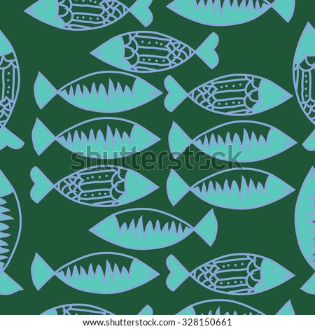 Seamless   pattern with fishes   motif, spots,fish, ellipses, zigzag . Hand drawn.