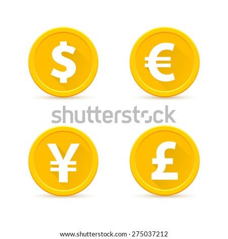Set of gold coins. Dollar, Euro, yen, pound sterling