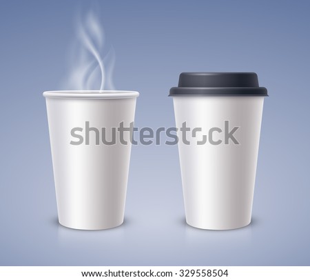 Open and closed paper cups with hot drink