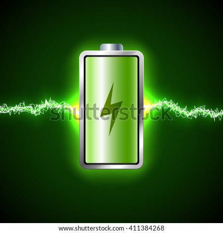 Fully charged green battery and short circuit. Concept of power and energy