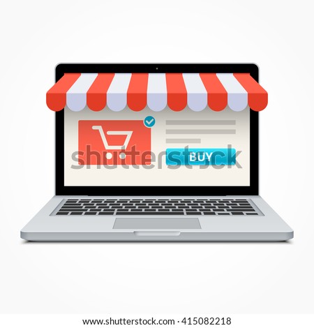 Silver open laptop with and screen buy. Concept online shopping