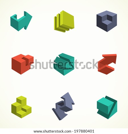 3d icons set. Vector illustration of abstract arrows and cubes, low poly style. Design element for poster, flyer, cover, brochure. Polygonal geometric figures. Logo design.