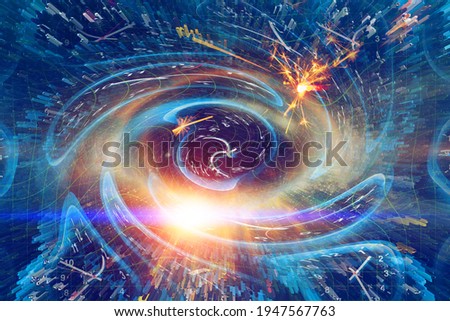 Spacetime Scifi Digital Arts concept, Twist clock time distortion warp on space bended curved as hole represent Space and Times of Einstein Theory