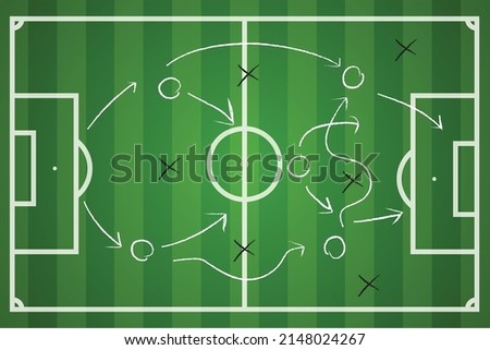 Football or Soccer pitch field with player position moving forward ball strategy planning top view