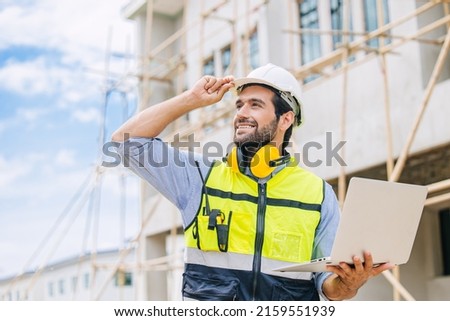 Engineer builder. Happy Foreman work in construction site. senior worker project designer leader concept. Stockfoto © 