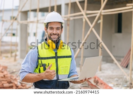caucasian latin worker foreman home builder hand sign thumbs up for good pass build and safety quality confirm concept. Stock fotó © 