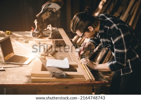 Similar – Image, Stock Photo Saws details of furniture with a circular saw. circular saw for cutting wood.