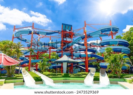 Similar – Image, Stock Photo Recreation zone and big city aerial view. Riverbank with forest and sanatorium