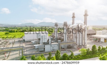 Similar – Image, Stock Photo Gas turbine electrical power plant. Energy for support factory. Natural gas tank. Chimney tower of gas power plant. Power plant using natural gas for fuel. Green energy. Power station against gray sky