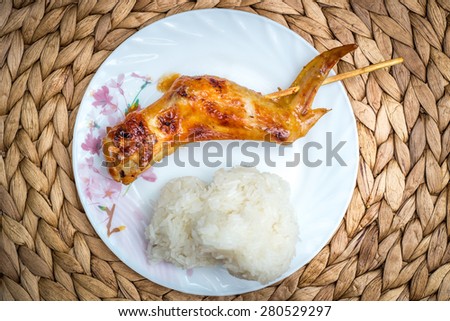 Chicken wing Seasoning skewers ,Thai style BBQ with Sticky Rice.
