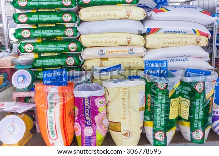 BANGKOK, THAILAND - AUGUST 12 : Thai rice sale in the market in year 2014 Thailand exported estimate 8.38 million tonnes worth 130.5 billion baht on August 12, 2015 in Bangkok, Thailand.