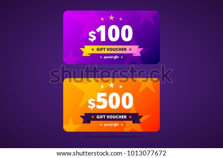 Gift voucher template in two color variants. 100 and 500 dollars voucher. Vector illustration.