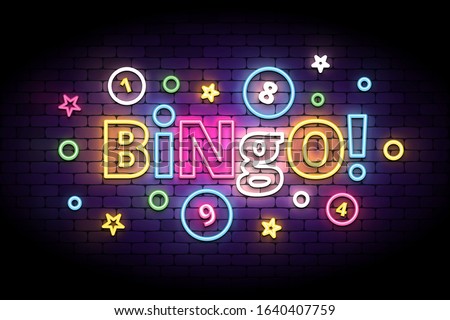 Bingo neon sign with lottery balls and stars. Colorful bingo lettering in glowing neon style. Vector illustration for the lottery.