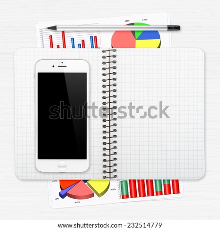 Workplace with digital smartphone, notepad, pencil. report with diagram and charts