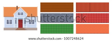Modern cottage, front view, private country house, townhouse in bright style, with roof, covered with tiles. Types of roof tiles, for attic of house, different colors, textures. Vector illustration.