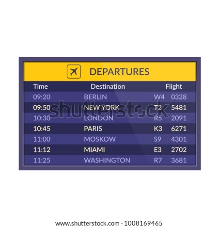 Board of departures in airport. Airport timetable sign with departure or arrival. Realistic flip airport scoreboard template. Airline board. Vector illustration isolated.