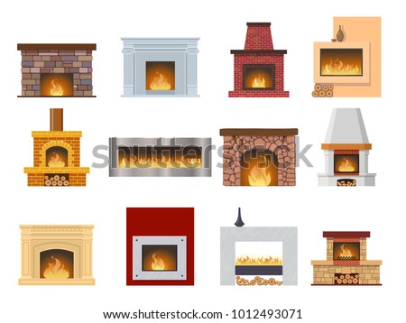 Set of classic fireplace made of colored bricks, natural stone, gypsum, with a natural stone inside, bright burning flame. Comfortable, cozy, warm, home fireplace. Warm winter. Vector illustration.