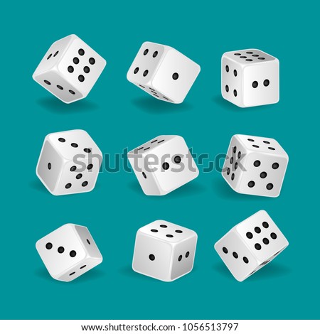 Set of realistic white game dice in different positions. Gambling game, casino. Hobbies, professional occupations. Collection different dice casino gambling, with random numbers. Vector illustration.